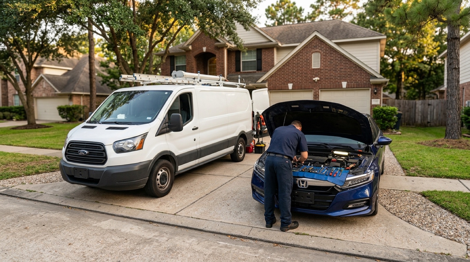 Mobile mechanic in Spring, TX working under the hood of a car in a residential driveway near Old Town Spring, service van and tools parked alongside